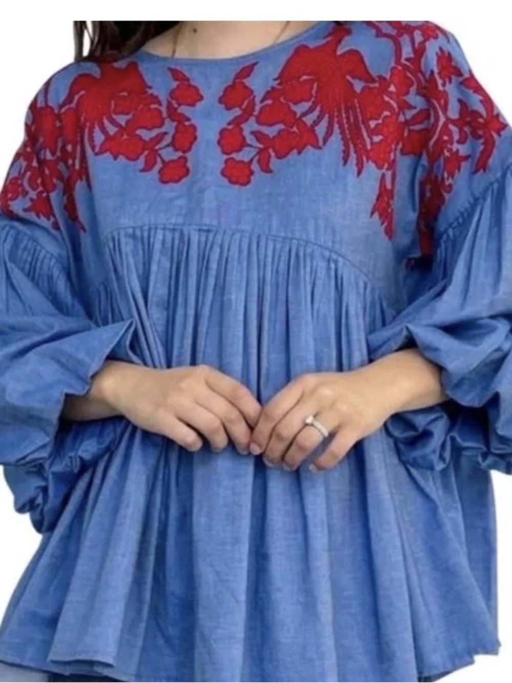 ANTHROPOLOGIE HEMANT & NANDITA BLUE EMBROIDERED LIANNA TOP  Sz L  M26